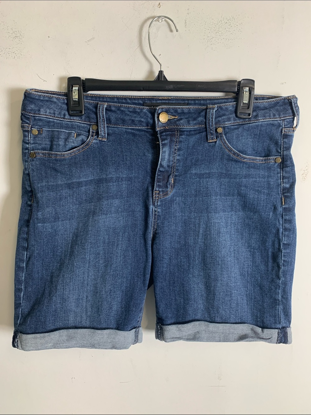 Liverpool Jeans Company blue denim shorts with tan stitching